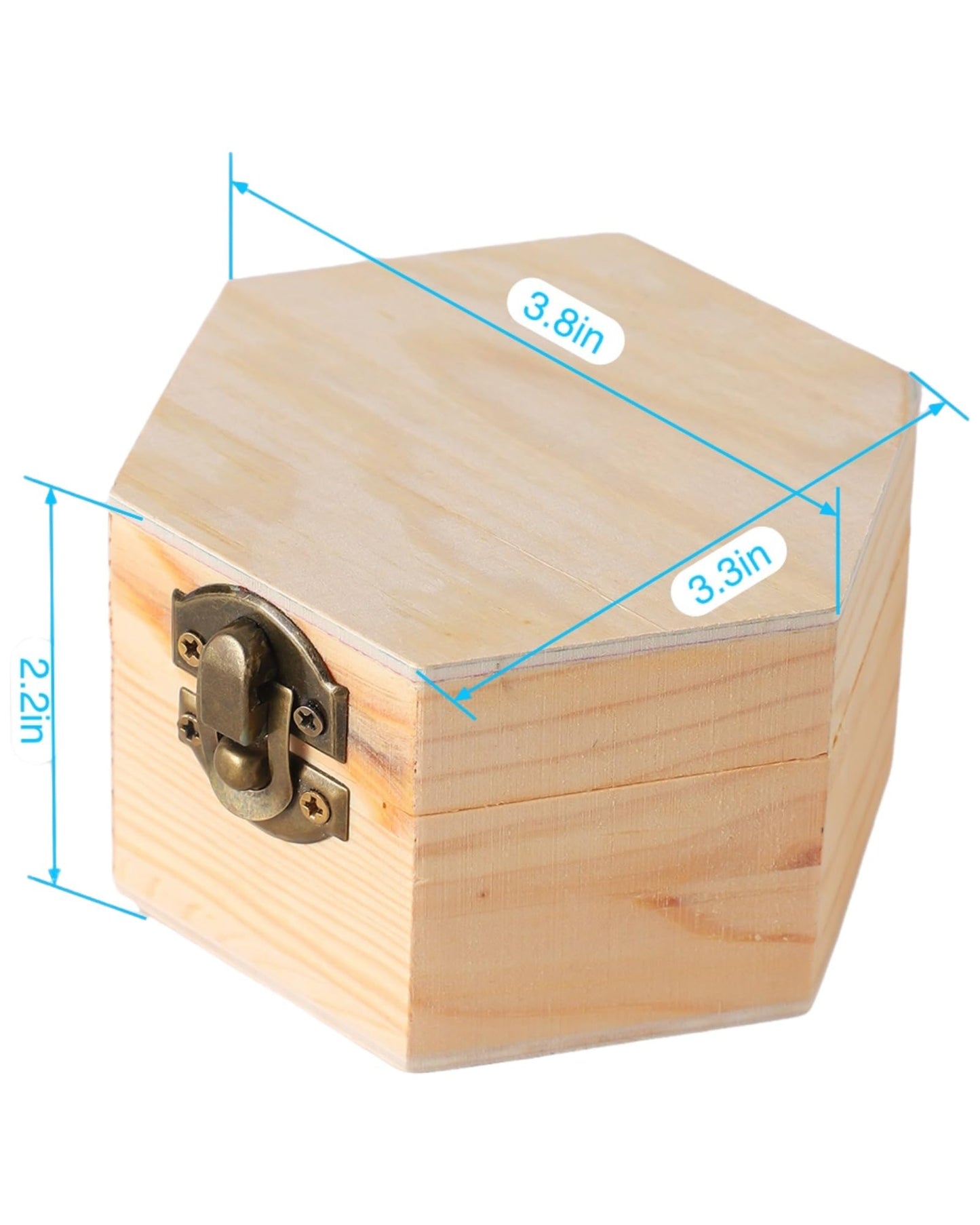 12 pcs Unfinished Vintage Wooden Hexagonal Pine Storage Boxes, 3.8X3.3X2.2in with Hinged Lids and Front Buckles for DIY Handmade Wooden Jewelry Box