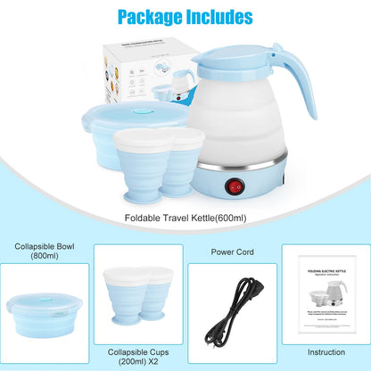 Travel Foldable Electric Kettle, Portable Kettle for Fast Water Boiling Tea Coffee, with 1 Collapsible Bowl and 2 Cups, Food Grade Silicon, 600ML 110V