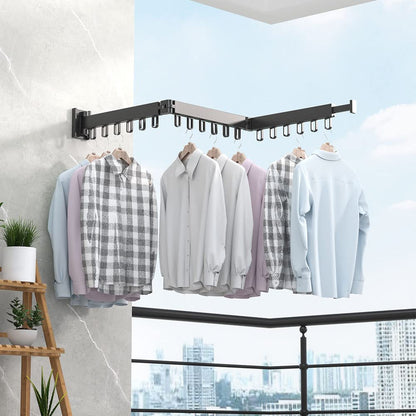 Clothes Drying Rack Wall Mounted, Retractable Garment Rack with Hooks, 360° Rotating Tri-Collapsible Laundry Clothes Drying Rack for Balcony, Laundry, Bathroom （black）