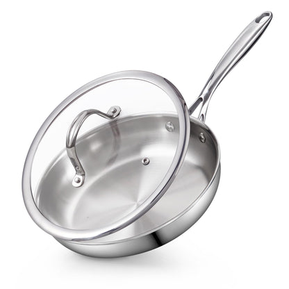 Cooks Standard Stainless Steel Frying Pan with Lid, 8-Inch Multi-Ply Clad Wok Stir Fry Pan, Kitchen Skillet, Silver