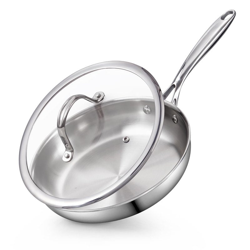 Cooks Standard Stainless Steel Frying Pan with Lid, 12-Inch Multi-Ply Clad Wok Stir Fry Pan, Kitchen Skillet, Silver