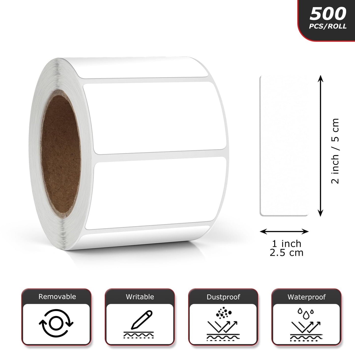 Meitaat White Rectangle Stickers 2 x 1 Inch Color Coding Labels Vinyl Roll Self-Adhesive Waterproof Removable 500 PCS