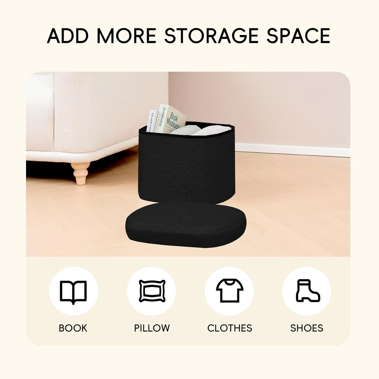 16.1"x12.2"x12.2" PINPLUS Storage Ottoman Boulce Tufted Oval Small Ottomans Bench Foot Rest with Storage (Black)