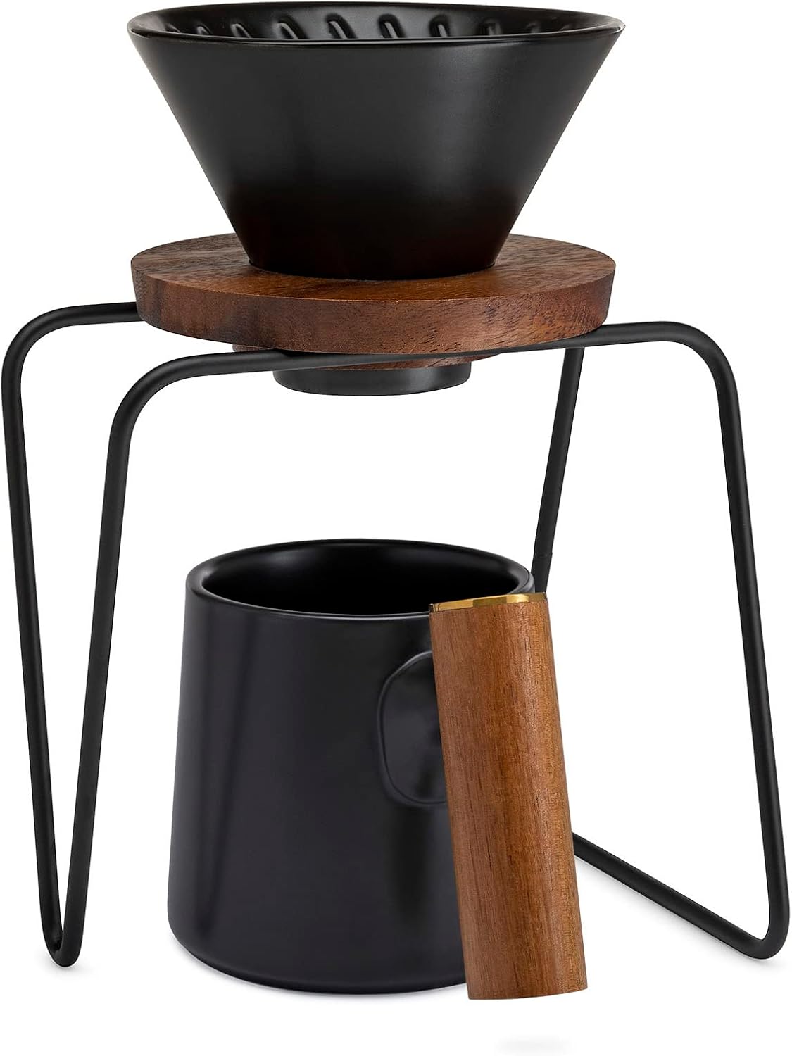 ChefWave Artisan Series Pour-Over Coffee Maker Set, 1-2 Cup Personal Size with Ceramic Cone, Wood Ring, Stainless Steel