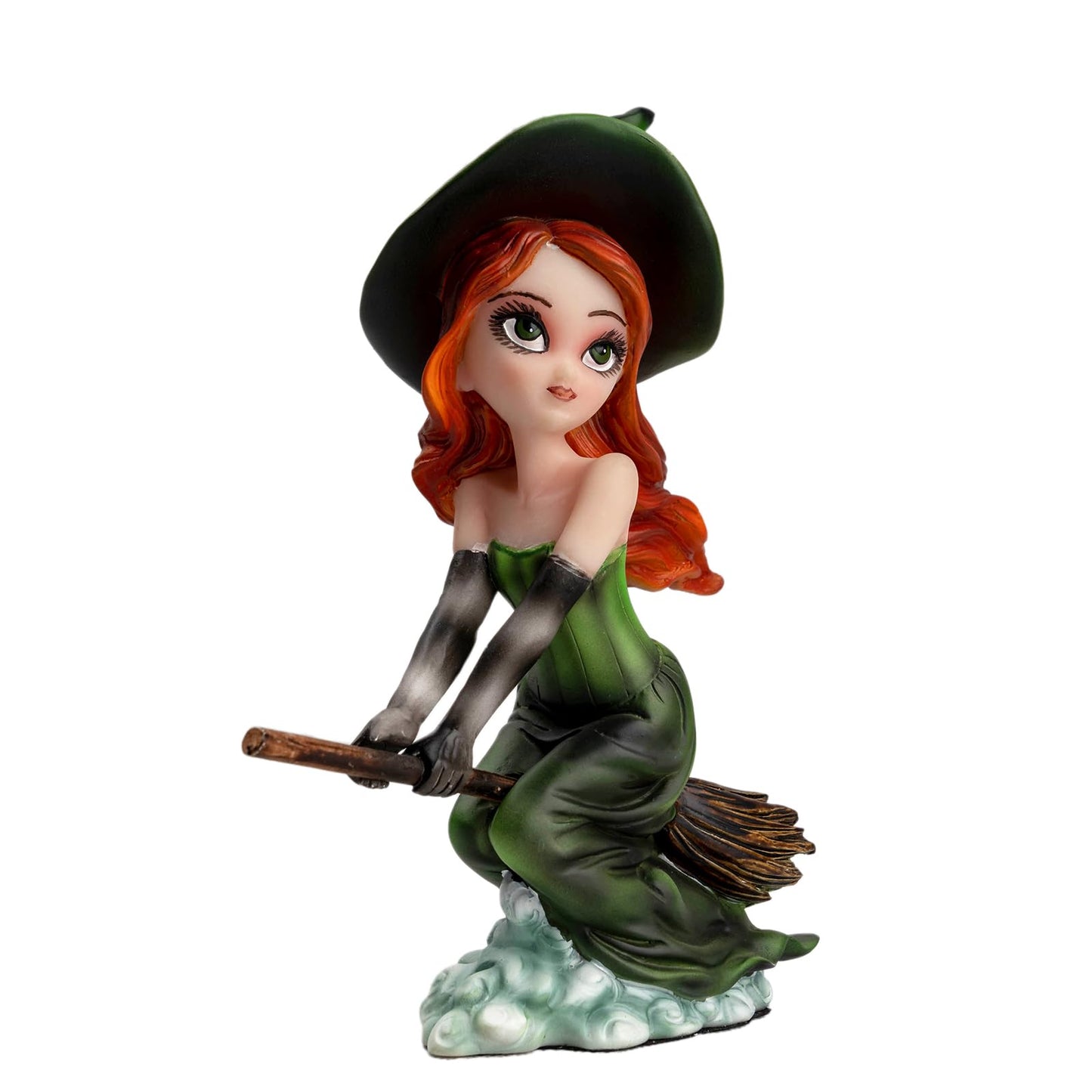 Enchanted Green Witch Resin Statue - Riding Broom Flying Style Figurine, Whimsical Gothic Witchcraft Decor, Fantasy Collectible for Halloween, Christmas & Home Office, Unique Wiccan Altar Accent Gift