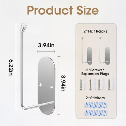 Wall Mounted Hat Rack, 2 Pack Hat Organizer for Baseball Caps, Stainless Steel Storage Organizer with Strong Adhesive