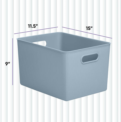 Superio Ribbed Collection - Decorative Plastic Open Storage Bins, X-Large Blue (2 Pack) for Organizing