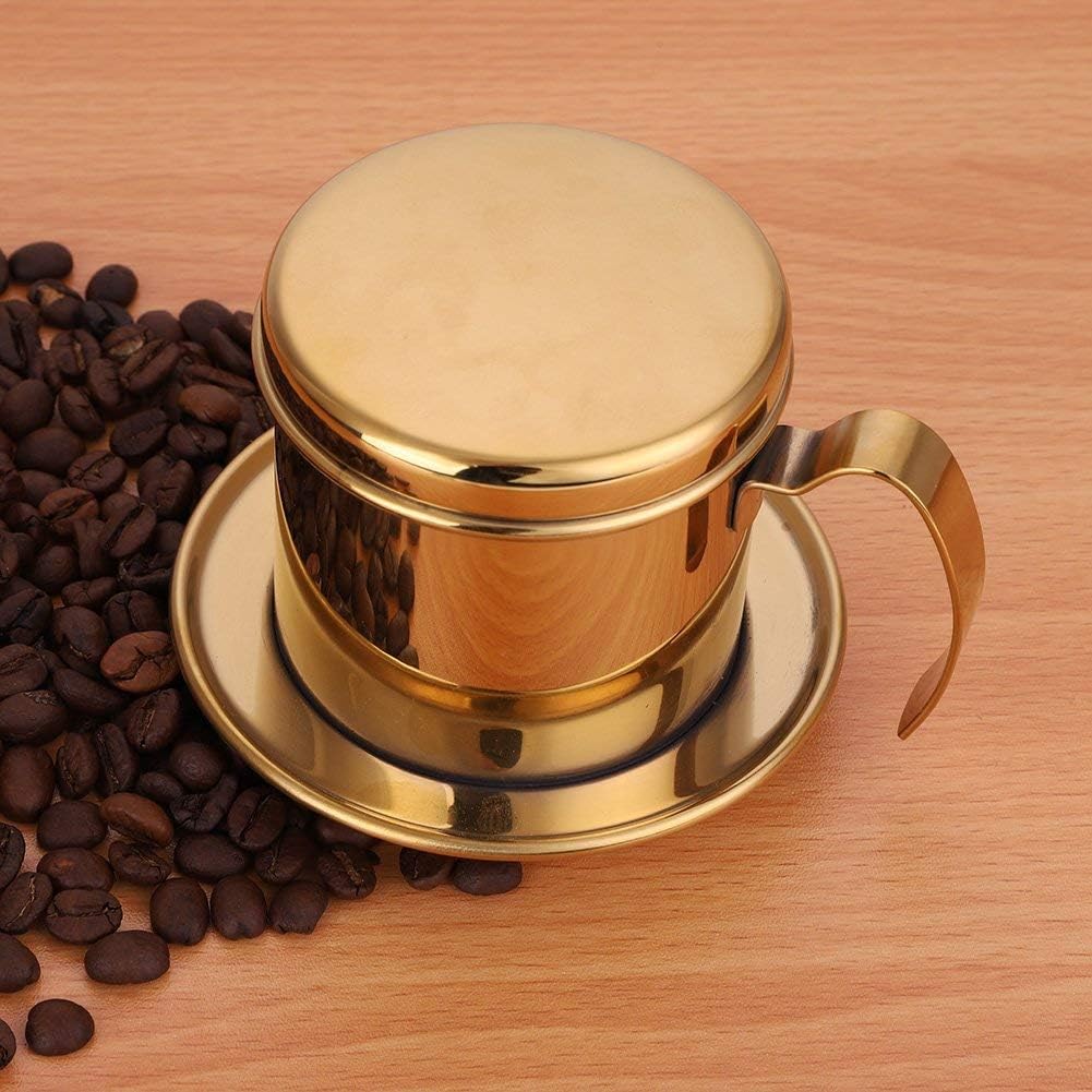 Vietnamese Coffee Filter Maker, Small Stainless Steel French Press Coffee Drip Brewer for Office Cafe (Gold)