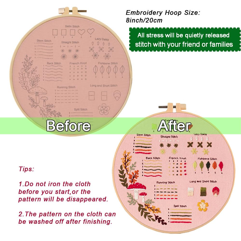 Sutesloly Hand Embroidery Kit for Beginners, 4 Sets Learn to Floral Patterns Simple Beginner Starter kit for Adults, 33 Stitches Easy Embroidery Practice Kit, 7.8inch Hoop, DIY Craft Gift for Women