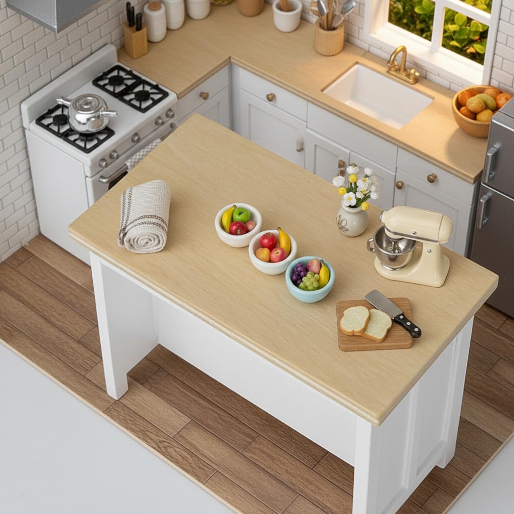 Miniature Dollhouse Kitchen Island, 1/12 Scale Wood Dining Table with Storage Shelves, Modern Furniture Accessories, Rectangular Mini Counter Shelving for Restaurant Pub Bar Decoration, White
