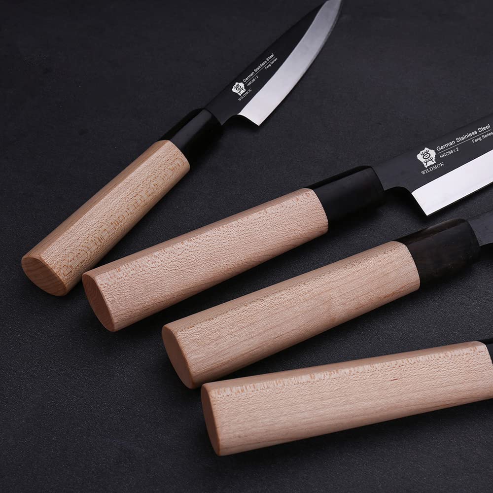 WILDMOK Set of 4 GYUTO Sushi Chef Knives-Yanagiba-Deba-Nakiri-Utility Kitchen Knife, Fish Slicing Filleting Knife Sets with German Steel Blade & Traditional Wooden Handle