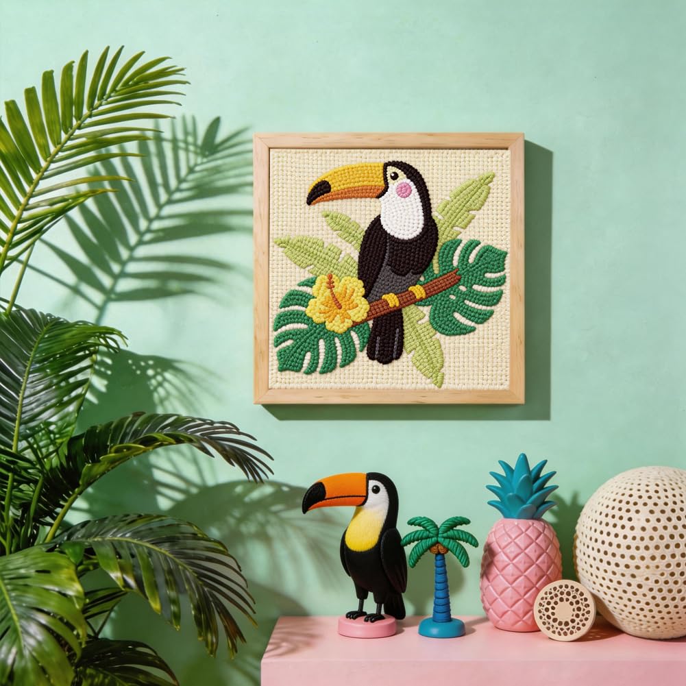 DOODLREAM Color Toucan Punch Needle Kit for Beginner, 9.4"x9.4" Plams Leaves Punch Stitching Craft Set, Bird DIY Embroidery Starter with Printed Frame, Instruction, Threader, Yarn, Pinch Needle