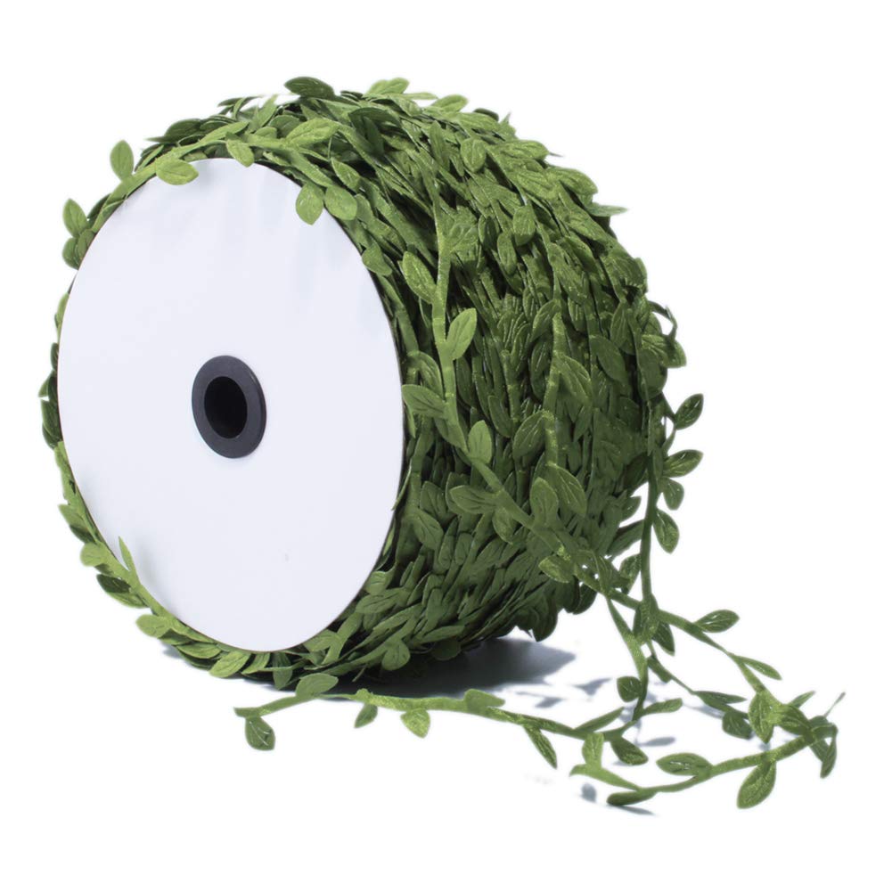 BASOKAN 100 Yards - Olive Green Leaves Leaf Ribbon Trim Rope for Garland DIY Crafts and Party Wedding Home Decorations