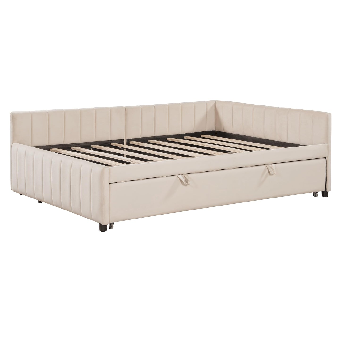 Full Size Upholstered Daybed with Pop up Trundle Bed,Velvet Day Bed Frame with L-Shaped Backrest,Pop up Trundle Full Size,Tufted Sofa Bed for Bedroom,Living Room,Guest,Beige
