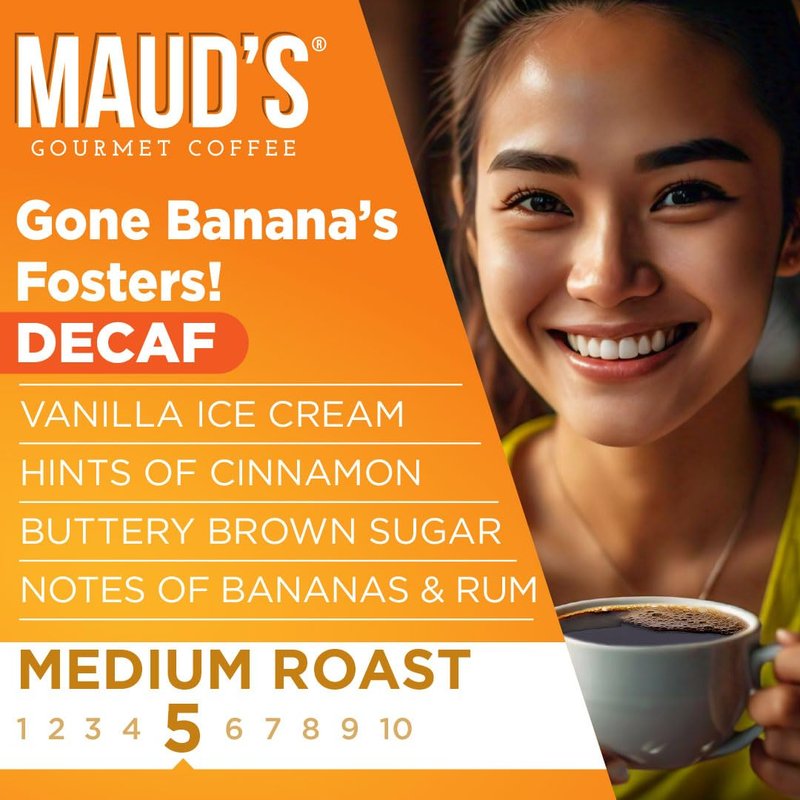 Maud's Decaf Banana Flavored Coffee Pods, 18 ct, Decaffeinated Medium Roast Flavored Coffee in Single Serve Pods – 100% Arabica Beans, Compatible with Keurig K Cups Maker