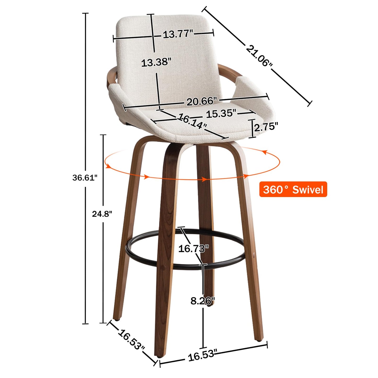 LUNLING 25.6" Counter Height Barstools Set of 3 Mid Century Modern Retro Bar Chairs Charcoal Beige Linen Look Fabric Upholstered and Walnut Wood Frame for Home Bar Furniture,Beige,3PCS