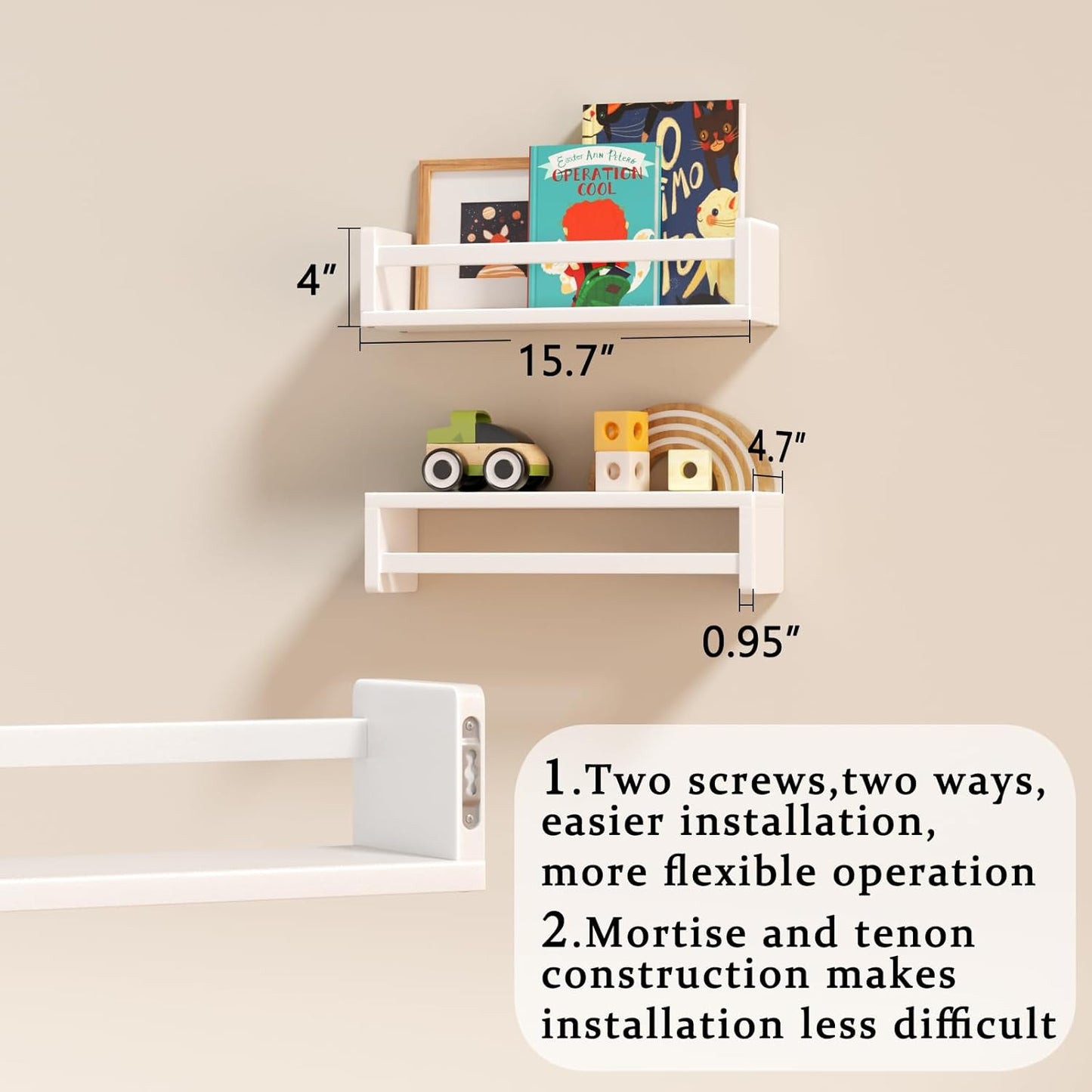 15.7 Inch Set 3, Floating Nursery Book Shelves for Wall, Nature Solid Wood Wall Mounted Bookshelf of Hanging