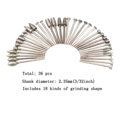 Luo ke 36 Pcs Diamond Mounted Carving Tool - 3/32 Inch Shank Diamond Grinding Burr Includes 18 Kinds of Grinding Head Shape For Dremel Rotary Tool