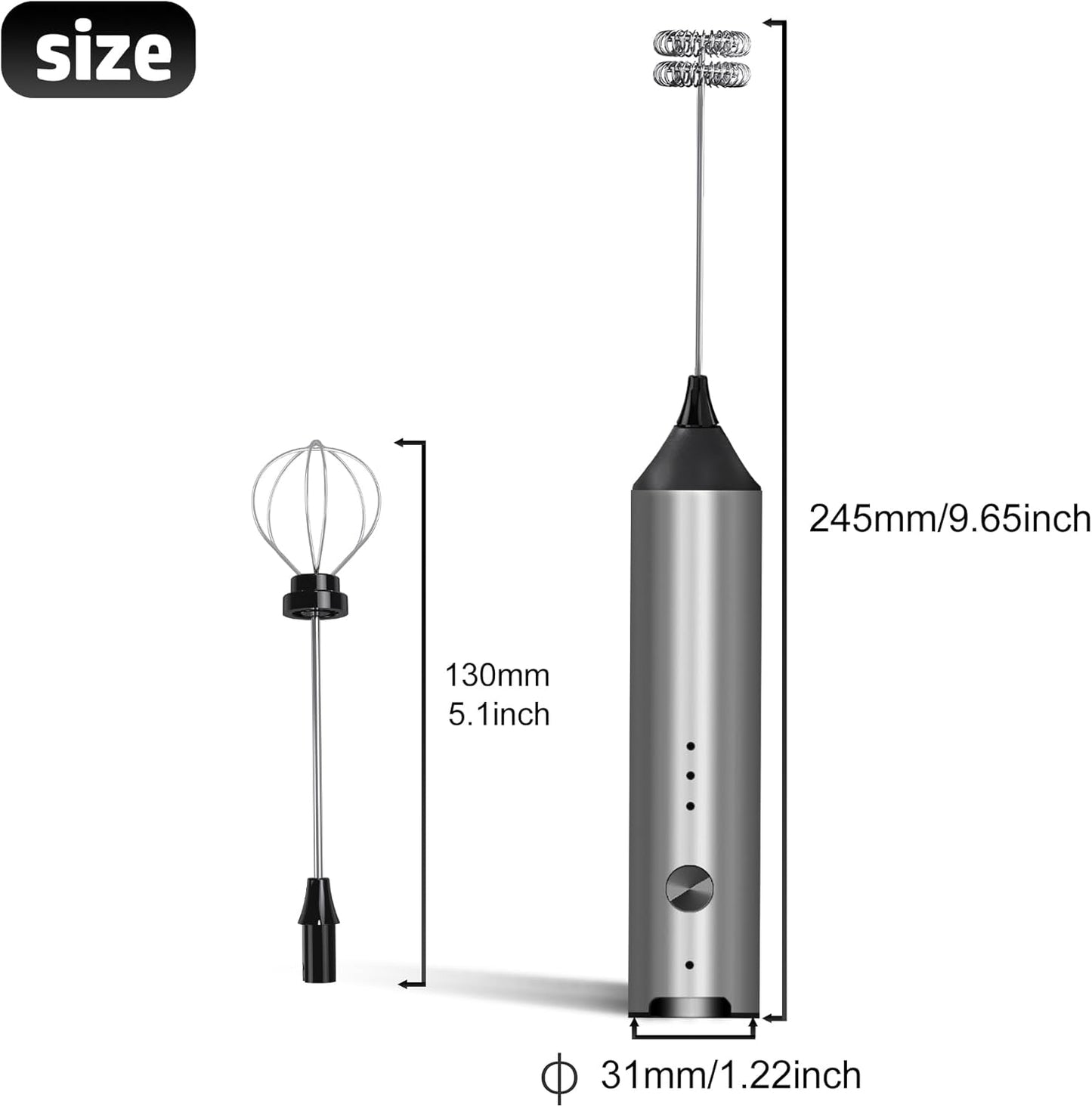 Handheld Electric Milk Frother, Type C Rechargeable Blender, 3 Mixing Speeds, Mini Beverage Blender with 2 Whiskers