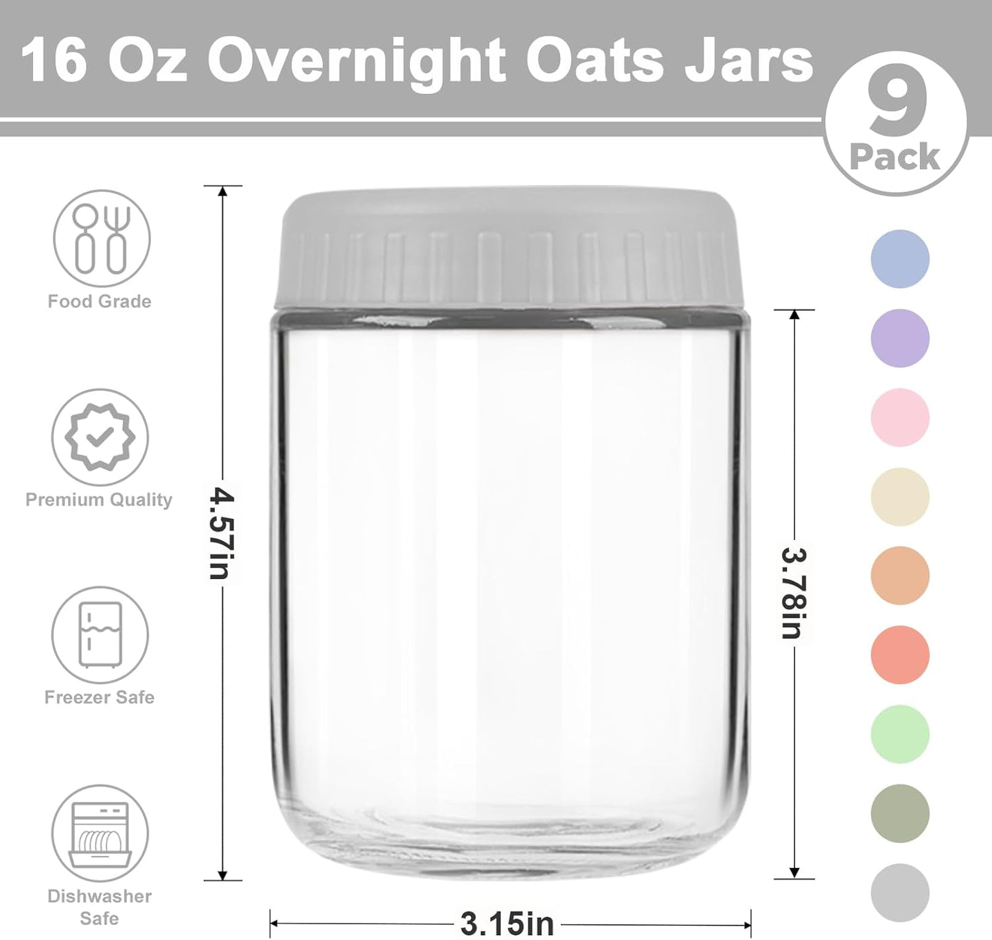 16oz 3 Pack Overnight Oats Containers with Lids, Wide Mouth Mason Jars with Lids, Glass Jars with Airtight lid for Chia