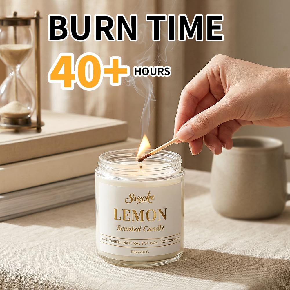 SVECKE Lemon Scented Candle 7oz Soy Wax Jar Candle Long Burning Aromatherapy Candle for Home Bedroom Gift for Women Men Housewarming New Home Gift