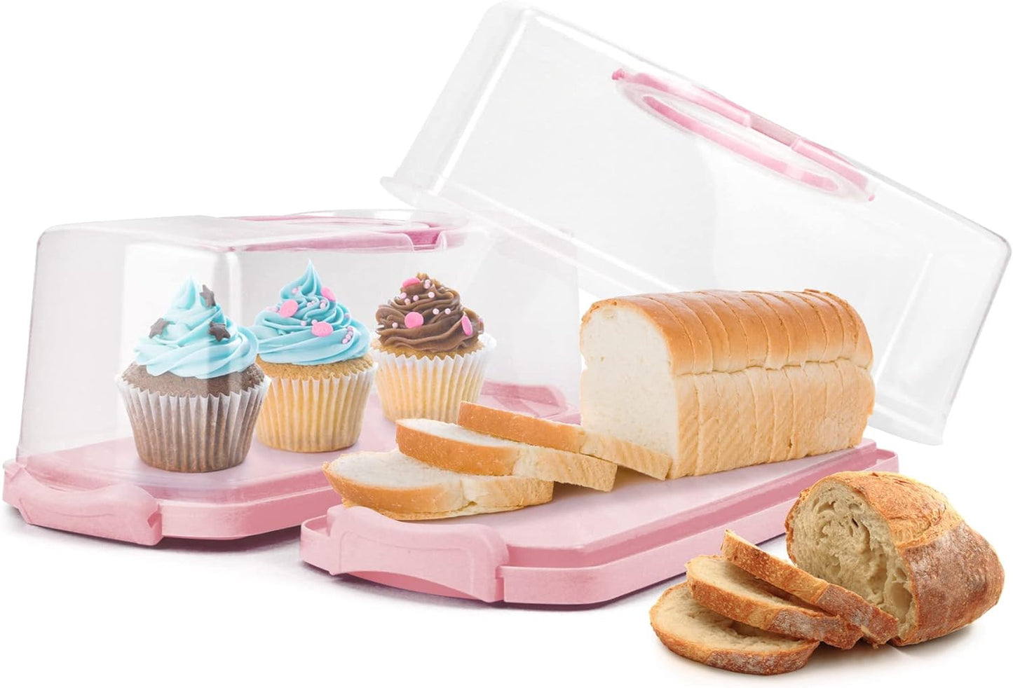 2-Pack Plastic Rectangular Bread Box with Clear Lid, Loaf Cake Keeper, Portable Bread Keeper Storage Container