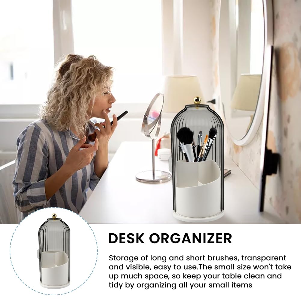 Makeup Brush Holder with Lid, 360 Rotating Sliding Opening Cosmetic Tools Organizer, Waterproof Dustproof Makeup Brush Organizer for Vanity Desktop Bathroom Countertop(COLOR:White And Black)