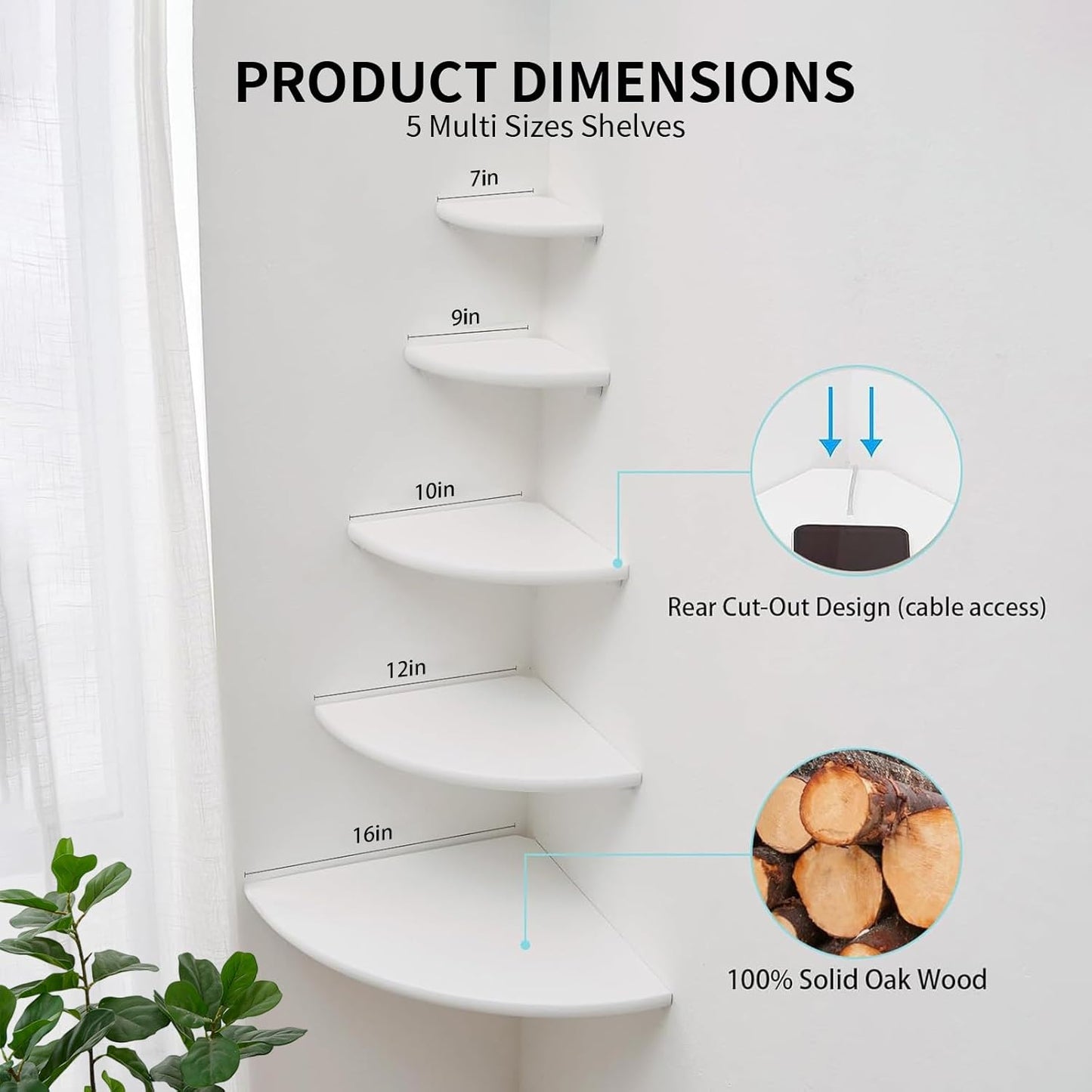 7inch Gieanoo White Corner Wall Shelf Solid Oak Wood Floating Corner Shelf with Wire Hole Corner Wall Storage Display