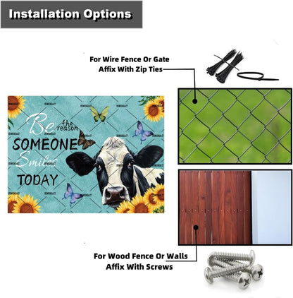 EMOHAT Metal Tin Sign, Sunflowers Animal Cow Flower Decoration, Rustic Farmhouse Wall Art for Living Room Bedroom