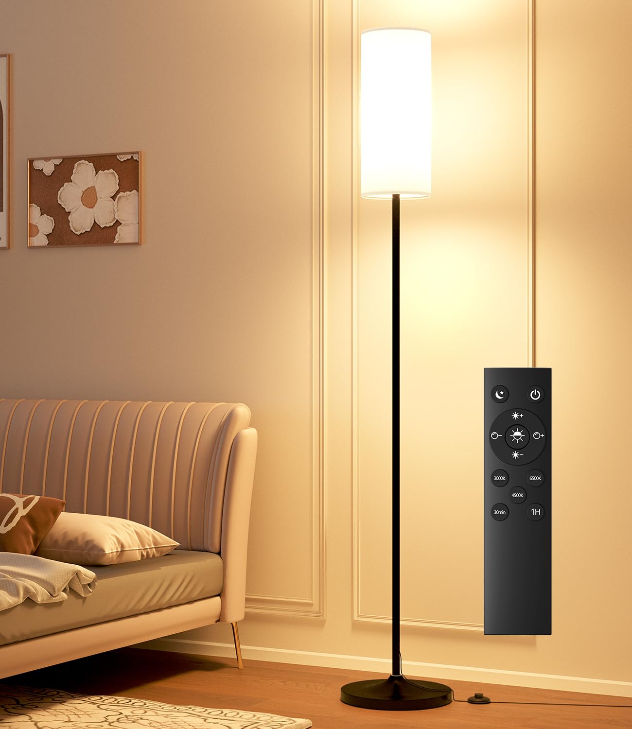 luckystyle LED Floor Lamp for Living Room, Dimmable Standing Lamps with Foot Switch,Remote Custom Color Temperature Black Pole Lamp with Lampshade,12W Led Bulb Tall Lamps for Bedroom Office Kid Room