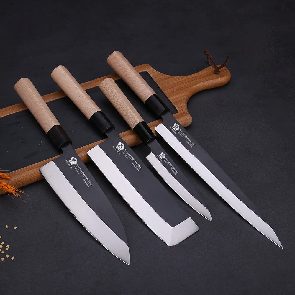 WILDMOK Set of 4 GYUTO Sushi Chef Knives-Yanagiba-Deba-Nakiri-Utility Kitchen Knife, Fish Slicing Filleting Knife Sets with German Steel Blade & Traditional Wooden Handle