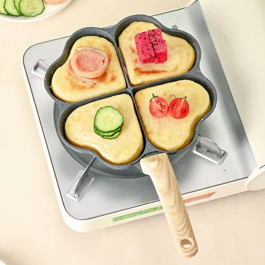 Hemoton Heart Shape Egg Frying Pan, Aluminum Non Stick Skillet with Wooden Handle for Omelets, Pancakes, and Breakfast