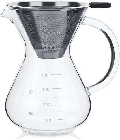 Glass Hand Drip Coffee Maker Pot, 400ML with Stainless Steel Permanent Filter and Scale
