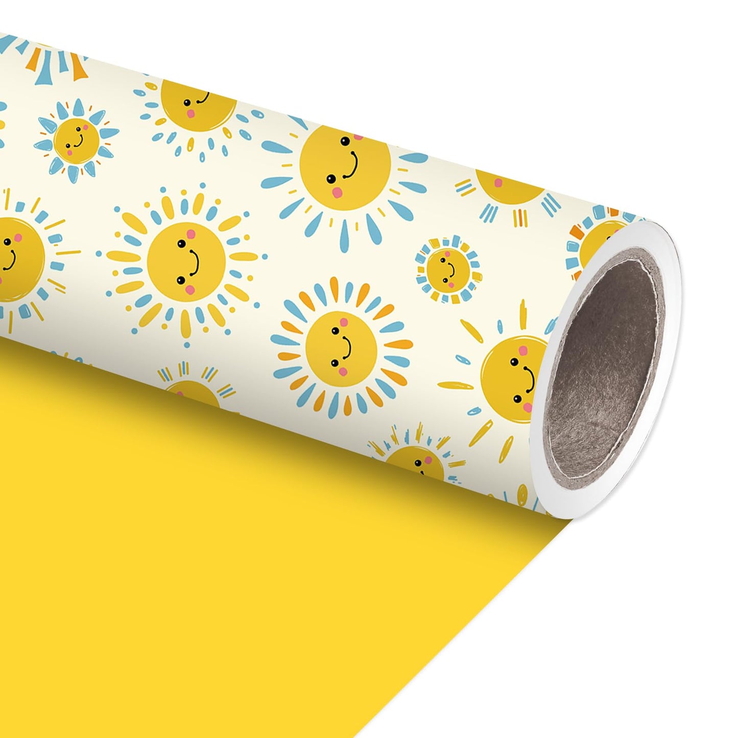 JarThenaAMCS Happy Sun Wrapping Paper - Mini Roll - 17 Inch x 32.8 Ft Blue Yellow Smile Sunshine Gift Wrap Paper Double-Sided for Summer Birthday Baby Shower Party DIY Crafts