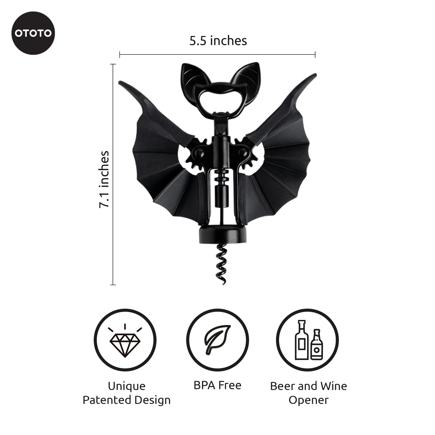 OTOTO Vino Spooky Bat 2-in-1 Wine & Beer Opener, Corkscrew & Bottle Opener - Goth Wine Accessories & Gifts for Wine Lovers