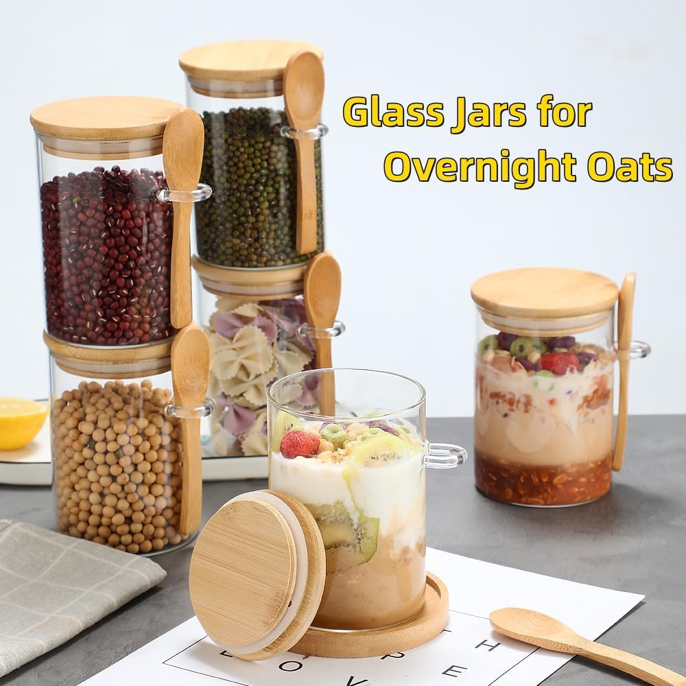 Recceng 6 Pack 17 OZ Set Glass Jars with Bamboo Lids and Spoons for Loose Leaf Tea Storage, Overnight Oat Container
