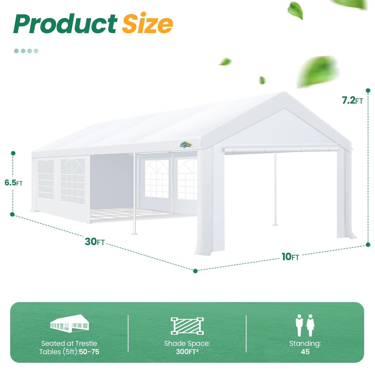 COBIZI 10x30 Party Tent Heavy Duty, Large Outdoor Wedding Tents for Parties with 8 Sidewalls & Built-in Sandbags,Waterproof Event Canopy Gazebo Commercial Tent for Carport,Camping,Patio,Windproof