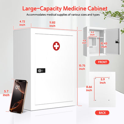 Wall-Mount Locking Medicine Cabinet: Large Metal Storage Organizer Box with Combination & Key Lock - First Aid Medicine Cabinet 3-Compartment Design for Bathroom Home (15.75" H x 11.82" W x 4.72" D)