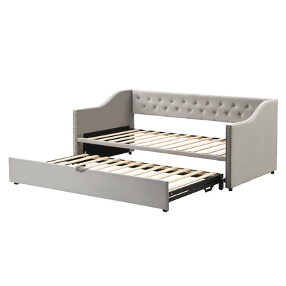 Merax Twin Size Upholstered Velvet Daybed with Pop Up Trundle, Multi-Functional Sofa Bed with Backrest and Two Armrest for Guest, Living Room, Gray