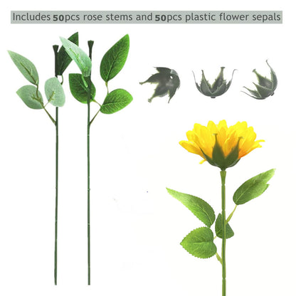 YOKOKE 30Pcs Floral Wire Stem with Leaves and 30Pcs Artificial Flower Calyxes Set Plastic Rose Floral Wire DIY Craft Bouquet Plastic Flower Sepals Making Floral Arrangement Tools