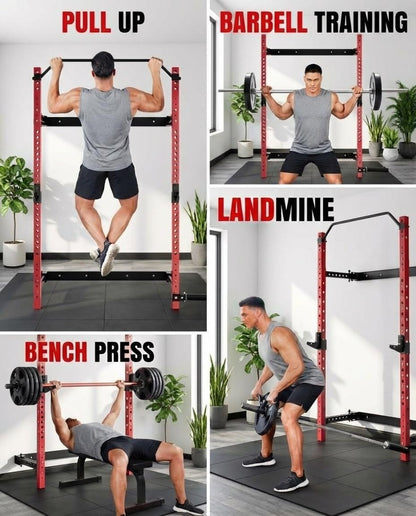 Folding Squat Rack for Home Gym – 1000 LBS Capacity Wall Mounted Power Rack with Pull-Up Bar, j-Hooks & Landmine | 2.36" x 2.36" Heavy-Duty Steel, Space-Saving Foldable Squat Cage for Home Garage