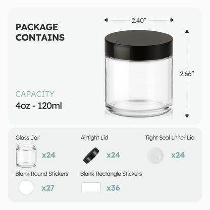 4 oz Glass Jars with Lids, 24 Pack Clear Small Glass Jars with Black Lids Leakproof Round Airtight Empty Cosmetic Travel Containers with Inner Liners For Lotions Powders and Candle Making