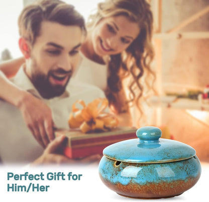 RONXS Outdoor Ashtray with Lid | Windproof Handmade Ceramic Ashtray for Patio, Home Office Indoor Decoration