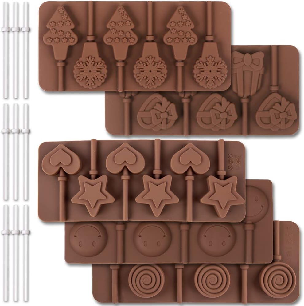 6 Cavity Silicone Lollipop Mold, Christmas Candy Mold, Round, Stars & Hearts, Bowknots, Smile Faces Shape, 5 PCS, 130
