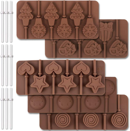 6 Cavity Silicone Lollipop Mold, Christmas Candy Mold, Round, Stars & Hearts, Bowknots, Smile Faces Shape, 5 PCS, 130