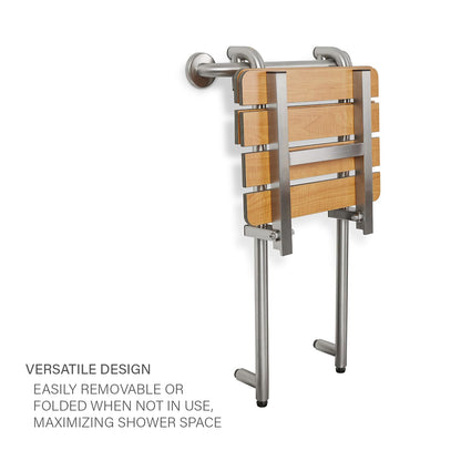 Seachrome Profile Folding Shower Seat with 18 inch Grab Bar, Removable Hanging Bench with Backrest & Legs, Teak Phenolic Seat, Stain Stainless Steel Grab Bar