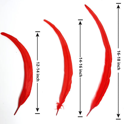 THARAHT 50PCS Rooster Coque Tail Feathers Bulk Natural 14-16Inch 35-40cm for Crafting Wedding Fly Tying Feather Party Performances DIY Decoration Rooster Tail FeatherRed