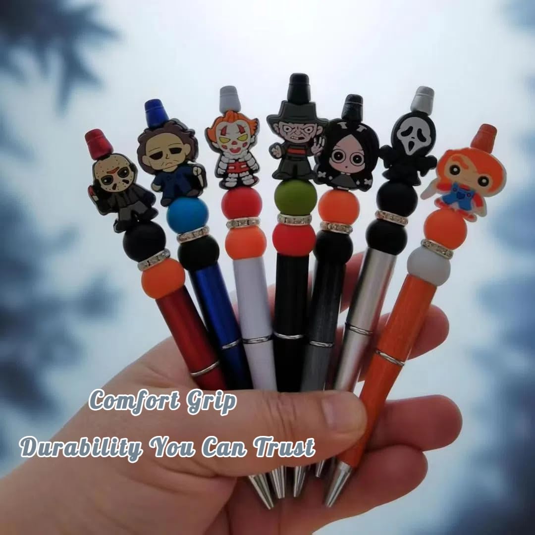 YUERVIEW 7PCS Refillable Horror Movie Pens with Clear Box – Spooky Gift for Horror Fans,Halloween Beadable Pens for School,Office,Party – Novelty Desk Accessories with 10 Black Ink Refills
