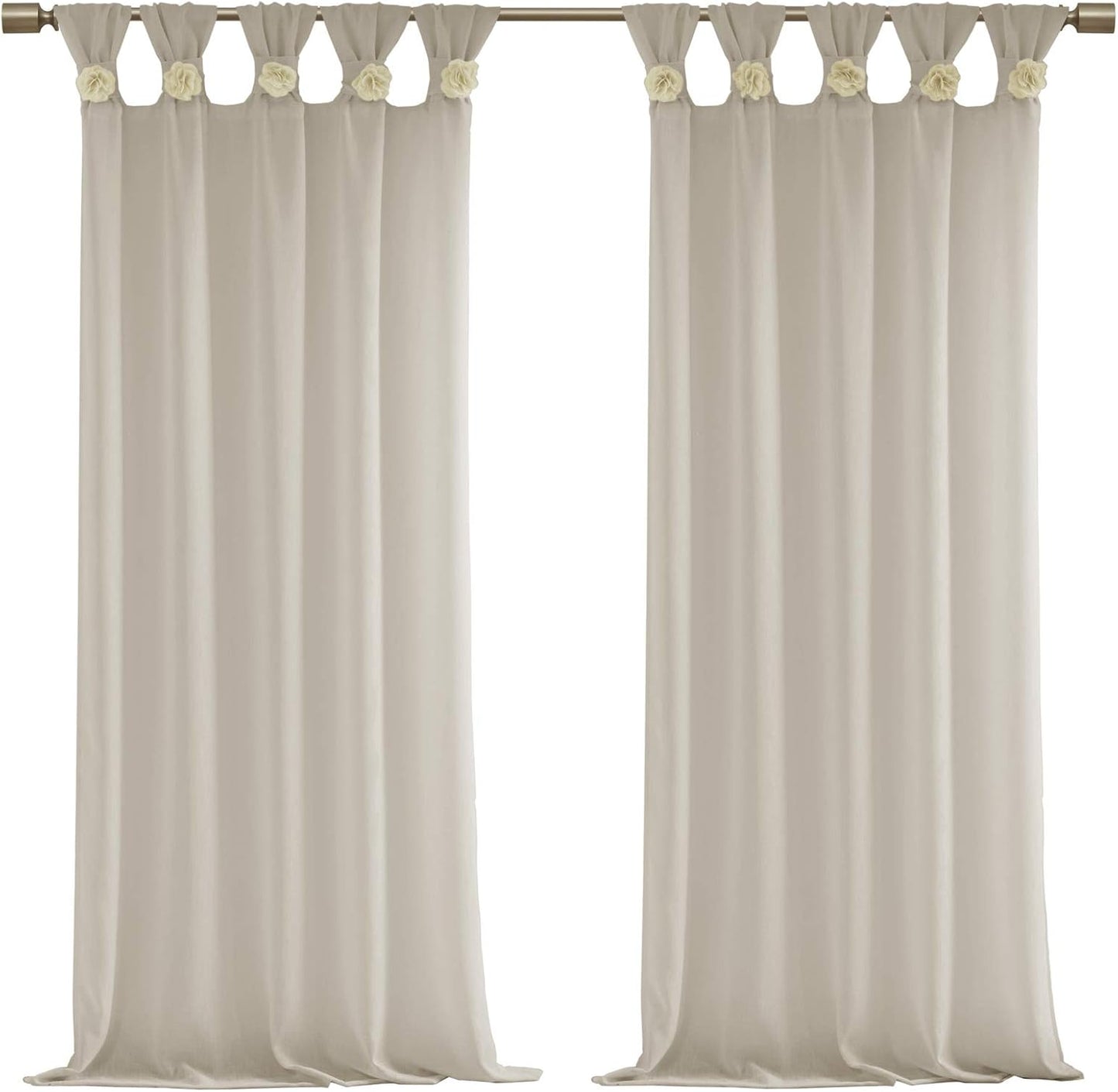 Madison Park Rosette Floral Embellished Cuff Tab Top Solid Sheer Curtain Panel Drape for Bedroom, 50"x84"