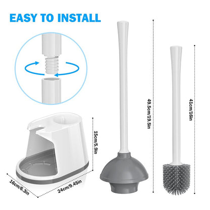 Toilet Plunger and Brush Set, Silicone Bowl Brush and Heavy Duty Toilet Plunger with Ventilated Holder, 2-in-1 Toilet Brush and Plunger Combo for 5.3-inch Toilet Drain Bathroom Deeply Cleaning